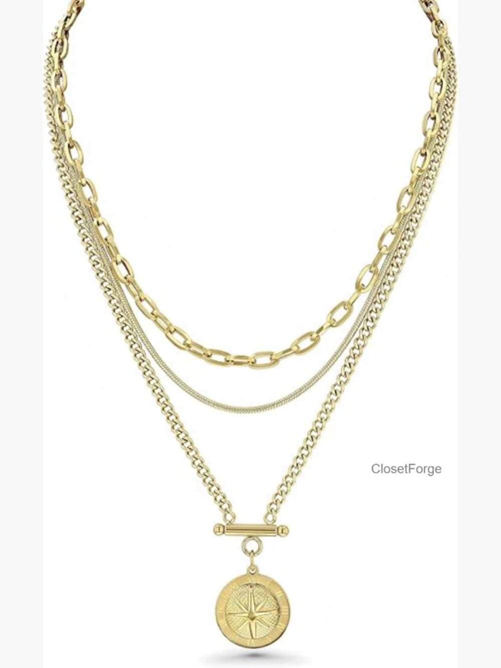 Gold Layered Pendant Necklace Set, Dainty Star Coin Compass Charm